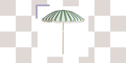 light pink and white checkerboard background with a product cutout of green and white striped garden umbrella.