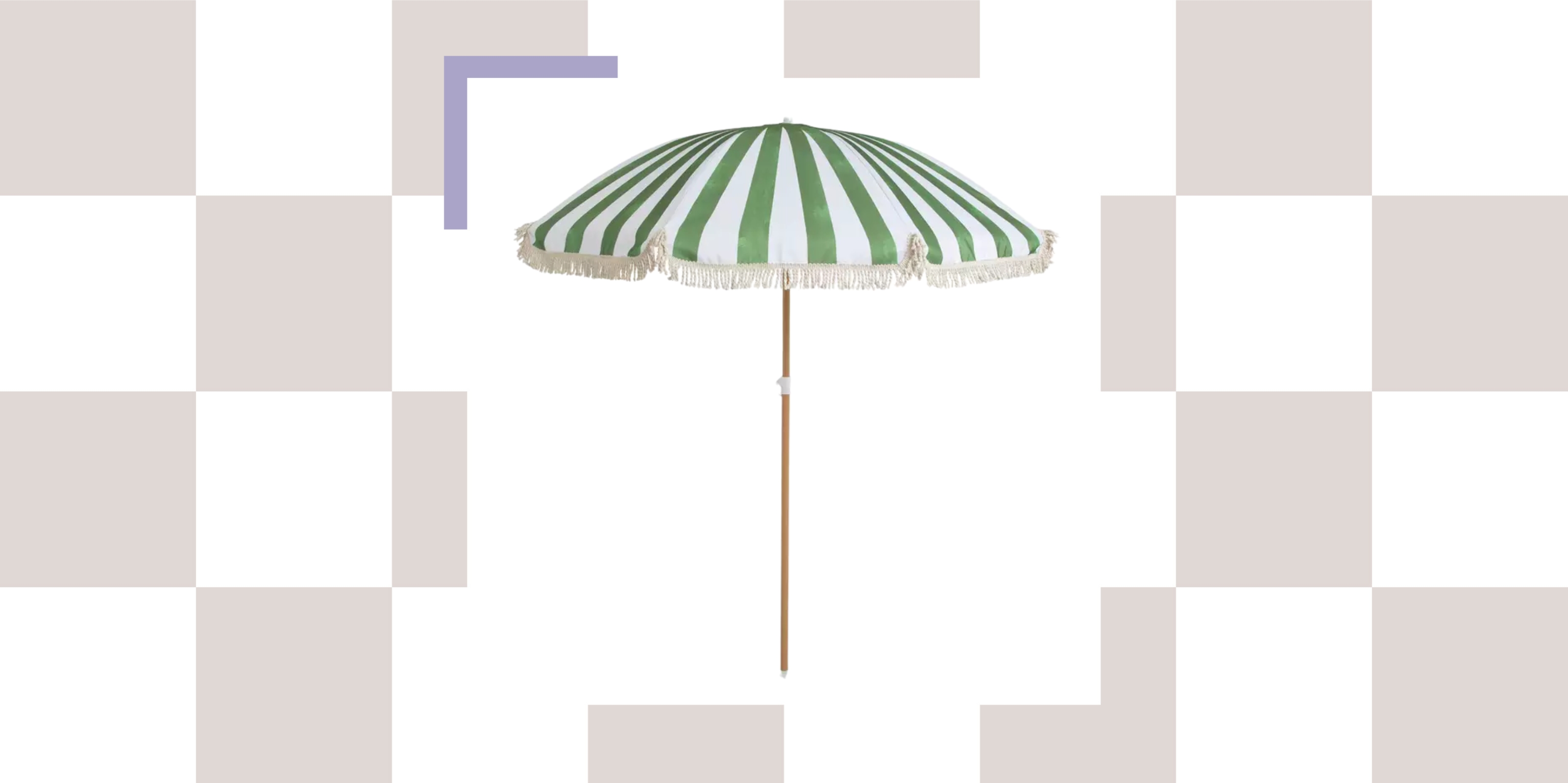 light pink and white checkerboard background with a product cutout of green and white striped garden umbrella.