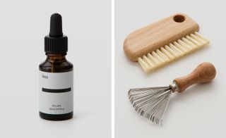 Left, dry skin face oil. Right, soft nail comb and scalp massager