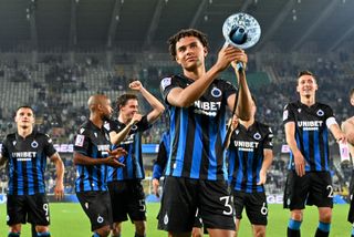 Antonio Nusa (32) of Club Brugge and his teammates of Brugge celebrating after winning the Jupiler Pro League season 2023 - 2024 match day 7 between Club Brugge and Sporting du pays de Charleroi on September 16 , 2023 in Brugge, Belgium.