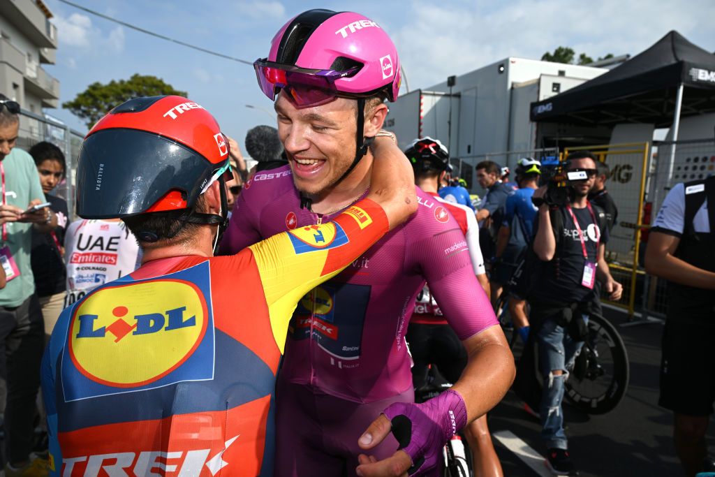 FRANCAVILLA AL MARE ITALY MAY 15 LR Juan Pedro Lopez of Spain and stage winner Jonathan Milan of Italy and Team Lidl Trek Purple Points Jersey react after the 107th Giro dItalia 2024 Stage 11 a 207km stage from Foiano di val Fortore to Francavilla al mare UCIWT on May 15 2024 in Francavilla al mare Italy Photo by Dario BelingheriGetty Images