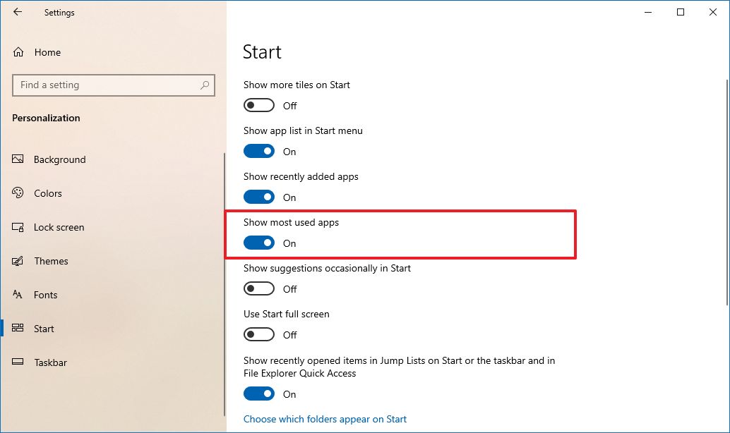 Start menu settings most used apps option