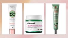 Collage of green colour correctors (L-R) L'Oréal Paris Magic CC, Dr Jart+ Cicapair Tiger Grass Treatment and Erborian Red Correct CC Cream, on a pink watercolour background