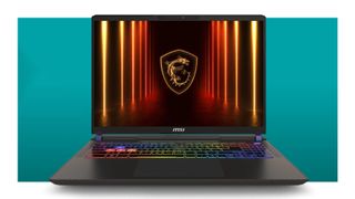 The MSI Vector 16 HX AI gaming laptop on a teal deals background