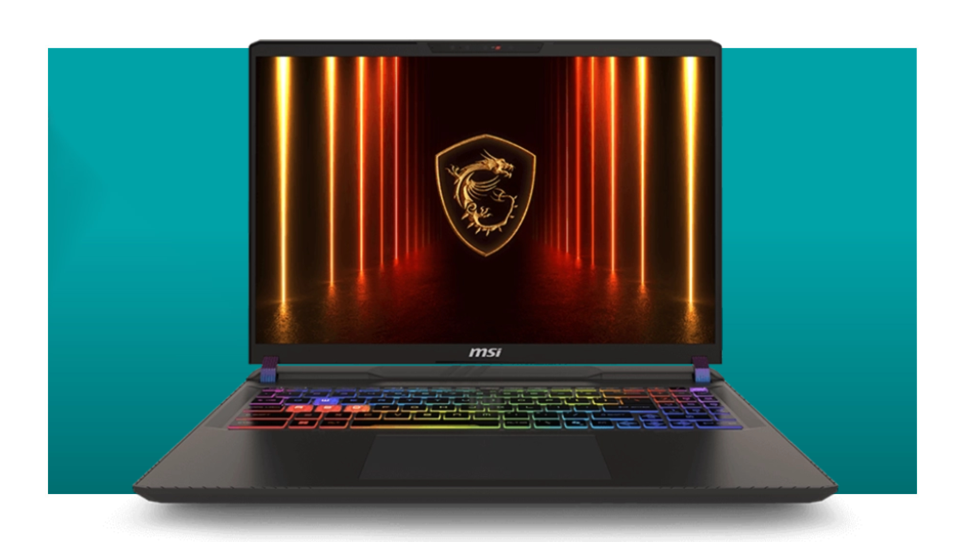 The MSI Vector 16 HX AI gaming laptop on a teal deals background