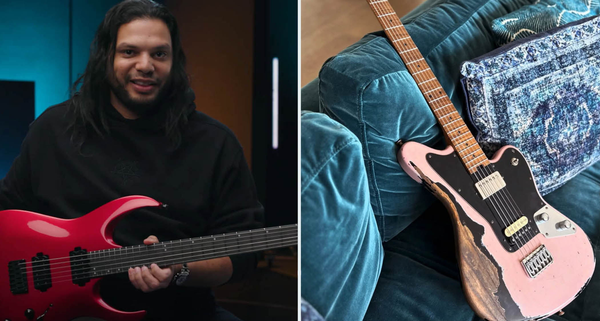 Misha Mansoor poses with his new Jackson Juggernaut in Red Crystal. On the right, his heavy relic shell pink Jackson offset
