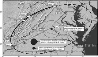 Map showing landslide limits from the Aug. 23, 2011, Virginia earthquake. The star indicates the epicenter; large crosses are landslide limits. The bold line shows a best-fit ellipse centered at the epicenter and passing through the observed limits (dashed where inferred beyond limits).