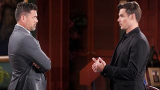 Joshua Morrow and Mark Grossman as Nick and Adam facing off at Newman Enterprises in The Young and the Restless