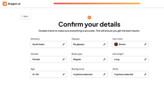 Confirm your details page showing the questions Aragon AI asks about identity