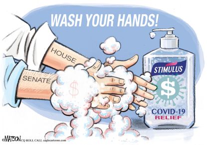 Political Cartoon U.S. Trump House of Representatives Senate stimulus hand washing