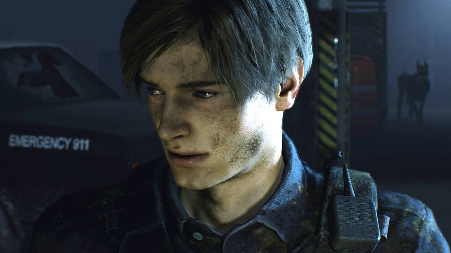 Leon Kennedy looks worried in a screenshot from Resident Evil 2 (2019).