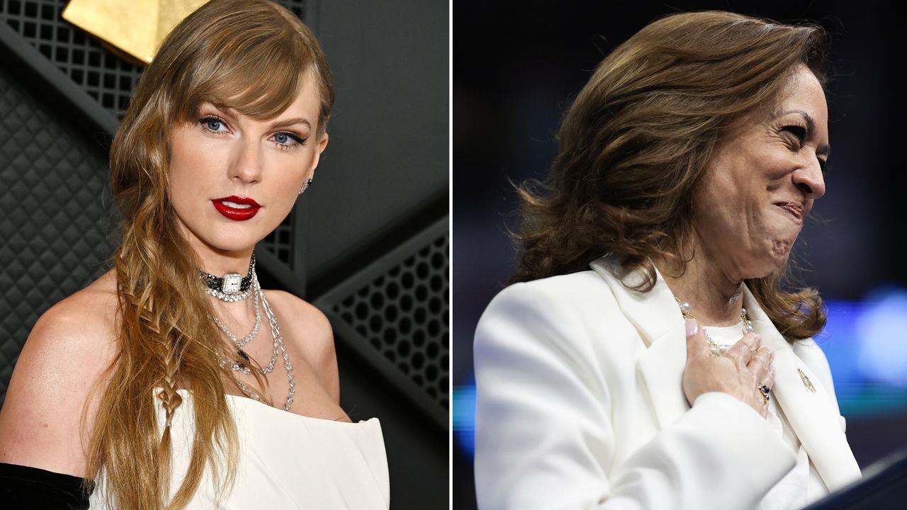 a composite image of taylor swift and kamala harris