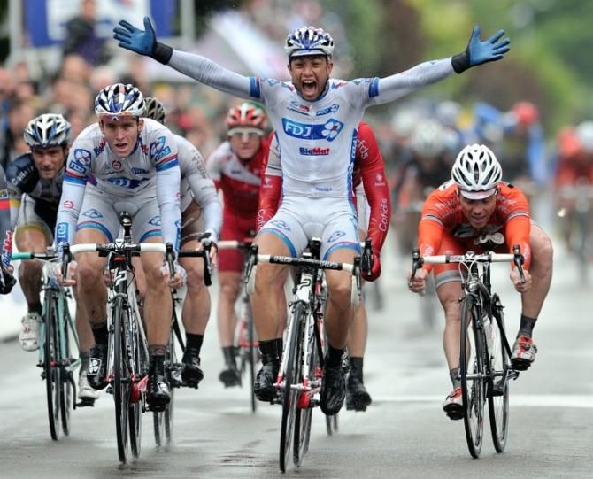 Neo-pro Nacer Bouhanni celebrates his victory in the French Road Championships