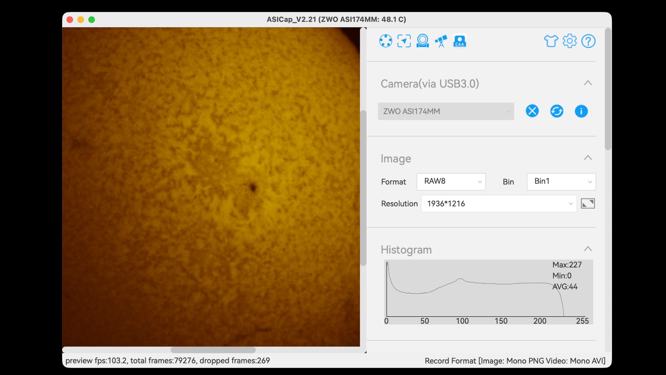 A screenshot of stacking software and a zoomed in solar photograph.