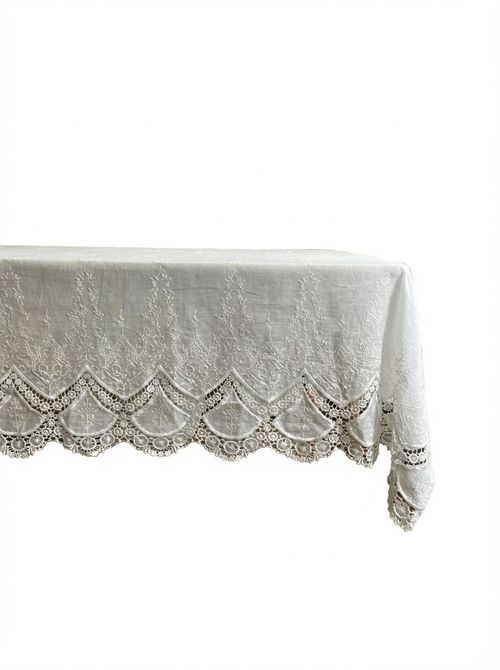 French White Lace Flower Embroidery Cotton Tablecloth