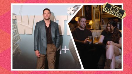 an image of Tom Brittney attending "The Westies" European Premiere in London spliced with an image of him in Shortlist's Pub Corner interview segment