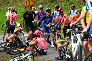 LEGUTIO SPAIN APRIL 04 Quentin Pacher of France and Team Groupama FDJ and a general view of the peloton waiting at Olaeta 582m after the neutralisation of the race due to a multiple crash during the 63rd Itzulia Basque Country 2024 Stage 4 a 1575km stage from Etxarri Aranatz to Legutio 550m Race neutralised due to a multiple riders crash and dropouts The breakaway will dispute the victory UCIWT on April 04 2024 in Etxarri Legutio Spain Photo by Tim de WaeleGetty Images