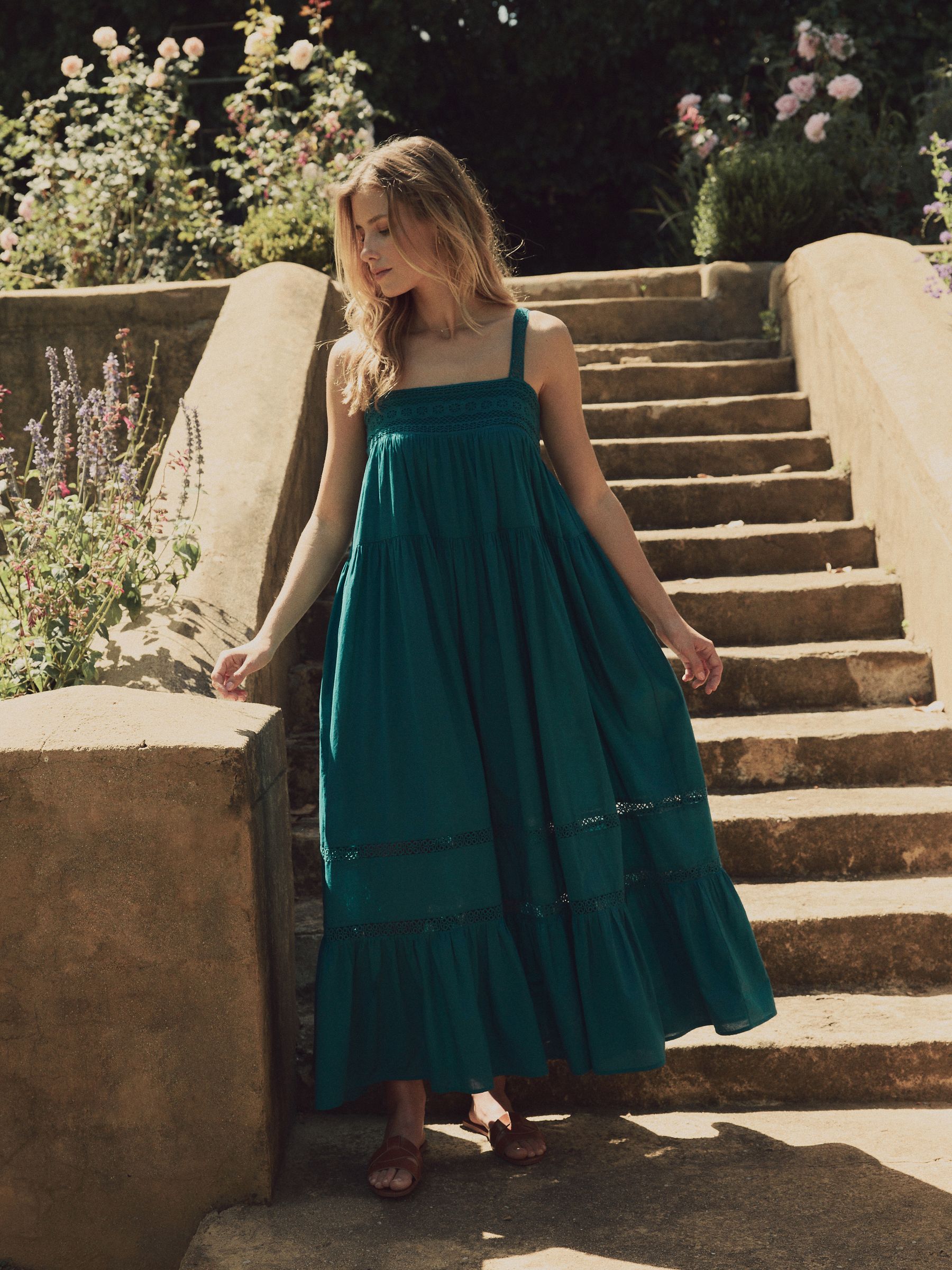 Laura Ashley Teal Blue Lace Strap 100% Cotton Maxi Dress