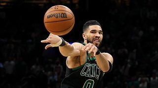 Jayson Tatum #0 of the Boston Celtics makes a pass against the Orlando Magic in Game Five of the Eastern Conference First Round NBA Playoffs at TD Garden in April 2025