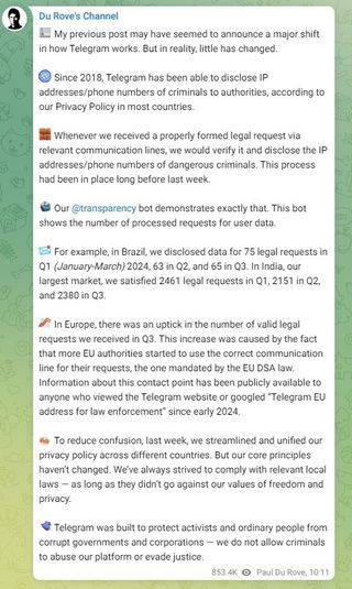 Screenshot of Pavel Durov's message to the members of his Telegram channel commenting about the change of policy, on October 2, 2024.