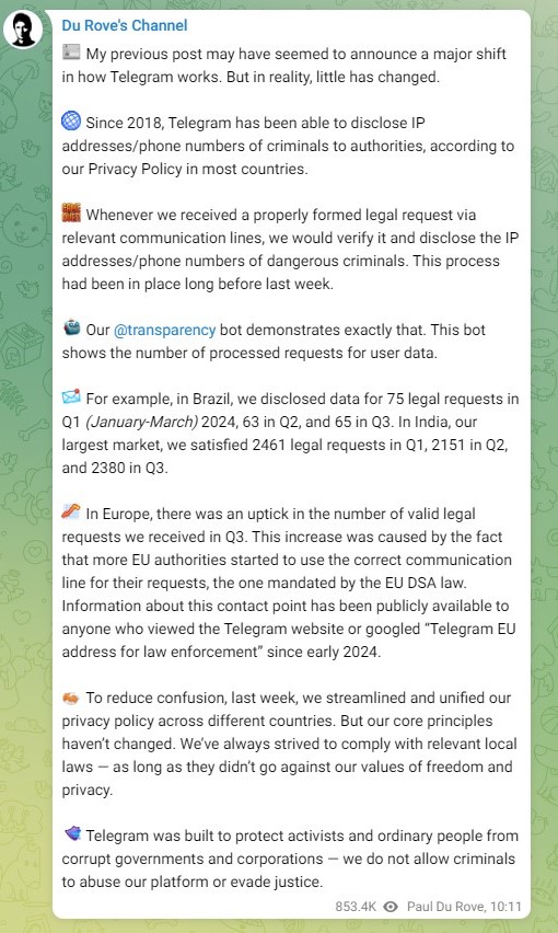 Screenshot of Pavel Durov's message to the members of his Telegram channel commenting about the change of policy, on October 2, 2024.