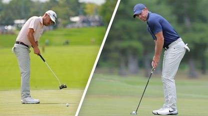 Brian Harman and Rory McIlroy hitting putts on the green