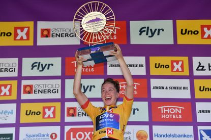 Cecilie Uttrup Ludwig (FDJ-SUEZ-Futuroscope) celebrates winning the general classification of the 2022 Tour of Scandinavia 