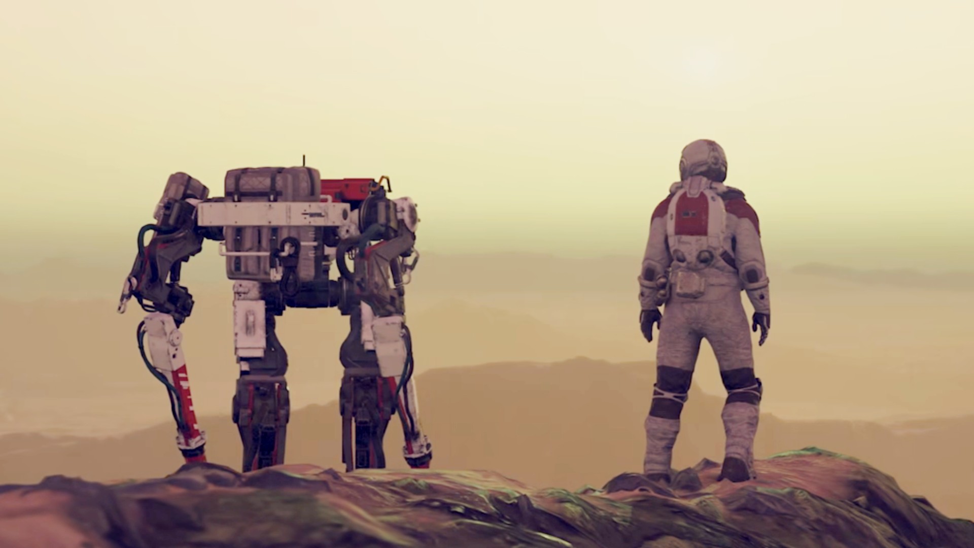 A player character stands next to VASCO, one of the best Starfield crew members