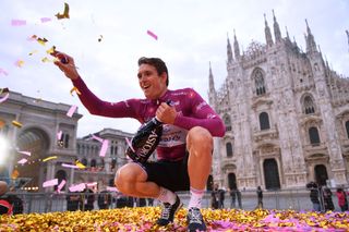 MILANO ITALY OCTOBER 25 Podium Arnaud Demare of France and Groupama FDJ Purple Points Jersey Celebration Duomo di Milano Milan Cathedral during the 103rd Giro dItalia 2020 Stage 21 a 157km Individual time trial from Cernusco sul Naviglio to Milano ITT girodiitalia Giro on October 25 2020 in Milano Italy Photo by Stuart FranklinGetty Images