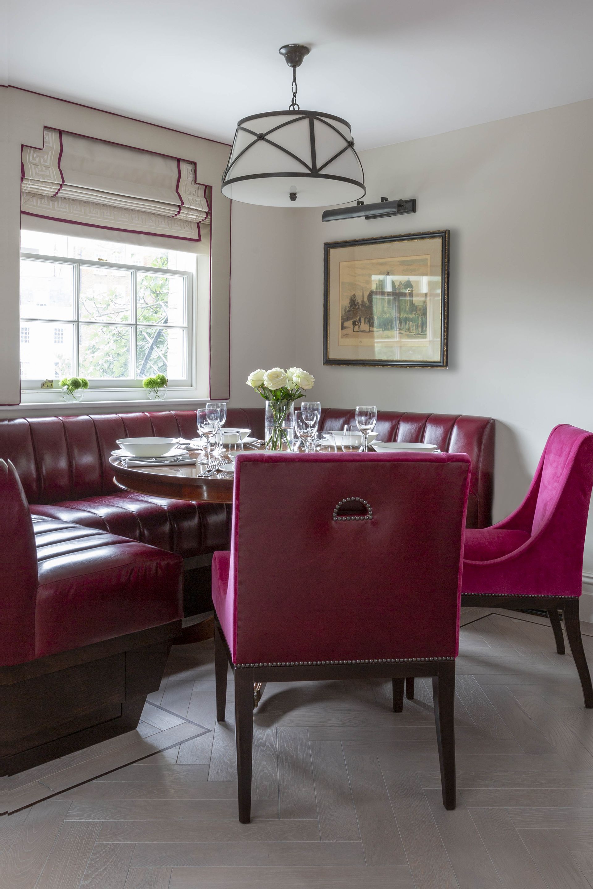 Window treatment over banquette in a dining area