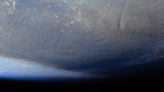 Volcanic ash above the Pacific Ocean after the eruption of the Hunga Tonga volcano in January 2022 seen from the International Space Station.