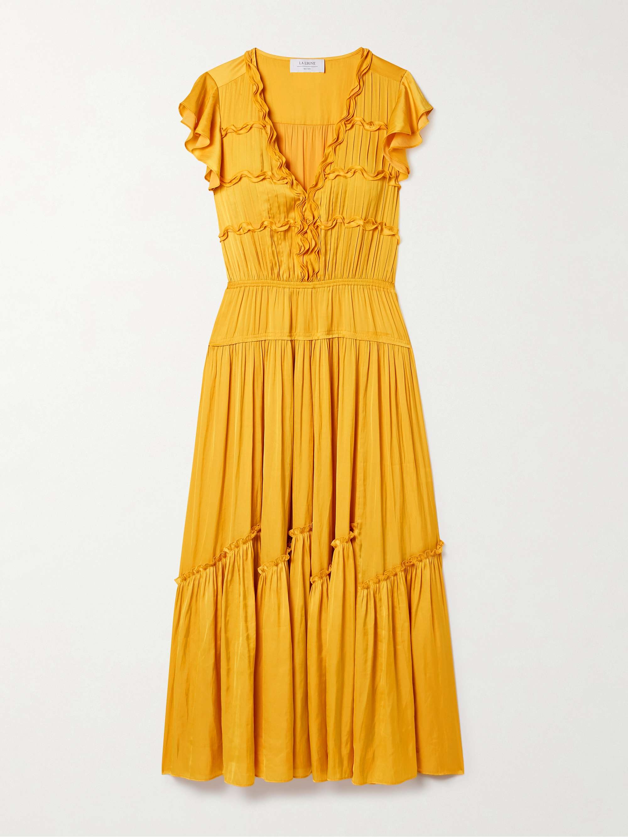 Pintucked Ruffled Satin Midi Dress