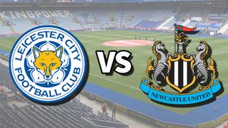 The Leicester City and Newcastle United club badges on top of a photo of The King Power Stadium in Leicester, England