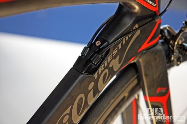 The removable cable port on Wilier Triestina's new Cento 1 SR can also be swapped out for a dedicated electronic unit.