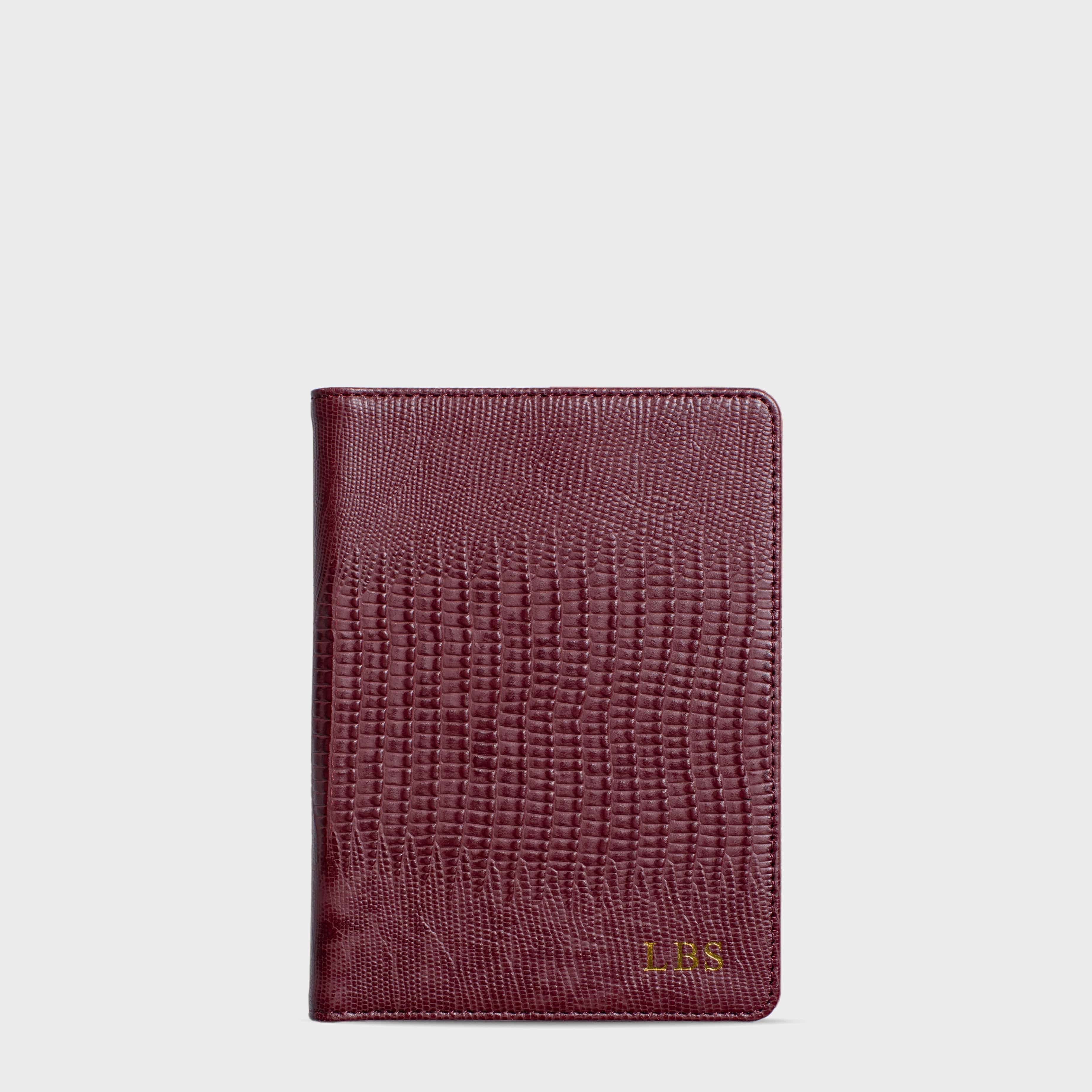 Inserif, Burgundy Lizard Leather Personalized Passport Holder