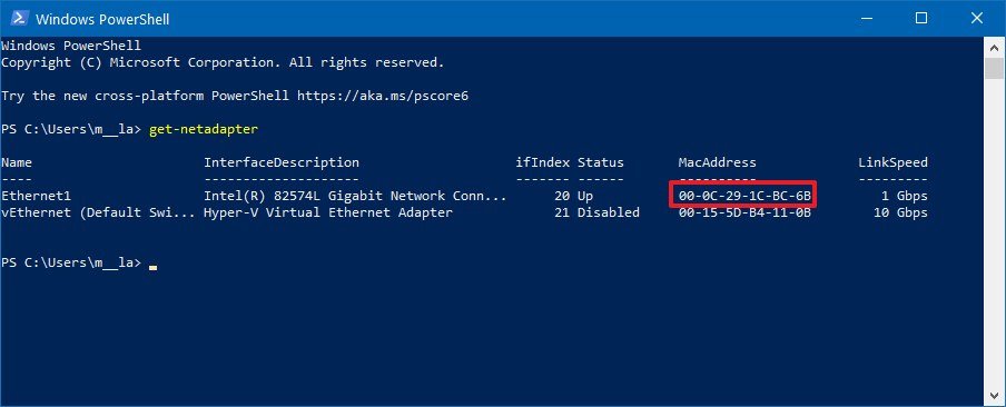 PowerShell check MAC address command