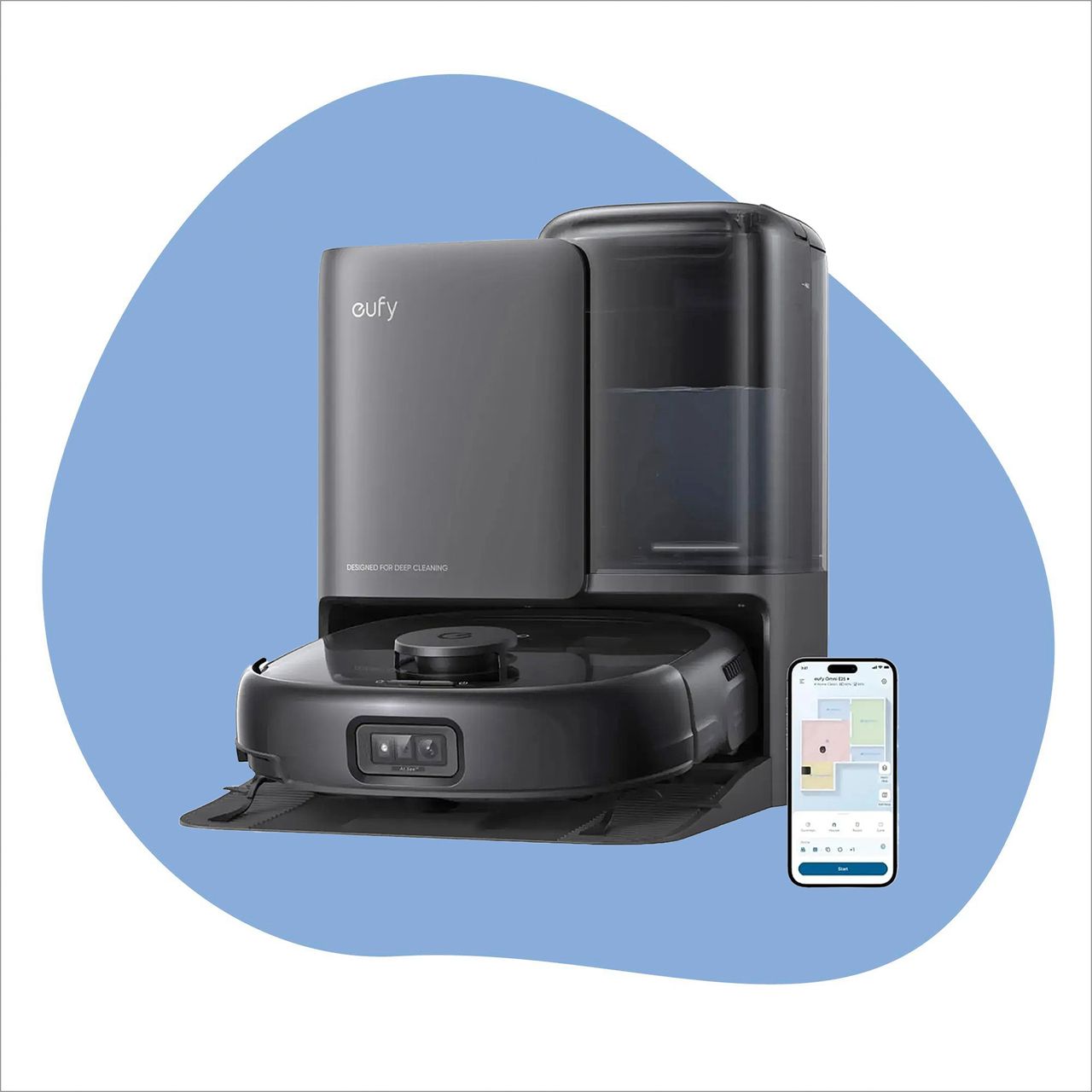 Eufy E25 robot vacuum cleaner on a white and blue background