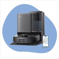 Eufy E25 robot vacuum cleaner on a white and blue background