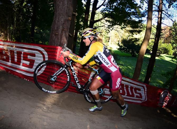 Meredith Miller (Noosa Pro Team) racing in third place with a half lap to go