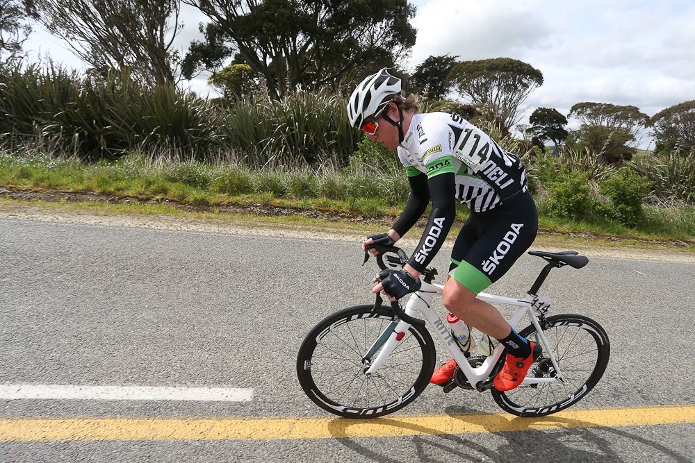 Alex Heaney of Cambridge on the climb heading to Gore during stage five of the Tour of Southland