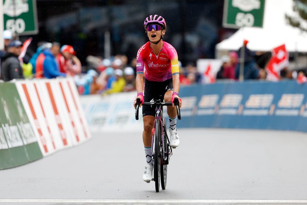 THYON SWITZERLAND OCTOBER 08 Ashleigh Moolman Pasio of South Africa and Team SD Worx celebrates at finish line as stage winner during the 1st Tour de Romandie Feminin 2022 Stage 2 a 1045km stage from Sion to Thyon 2089m TDRwomen TDRF on October 08 2022 in Thyon Switzerland Photo by Bas CzerwinskiGetty Images