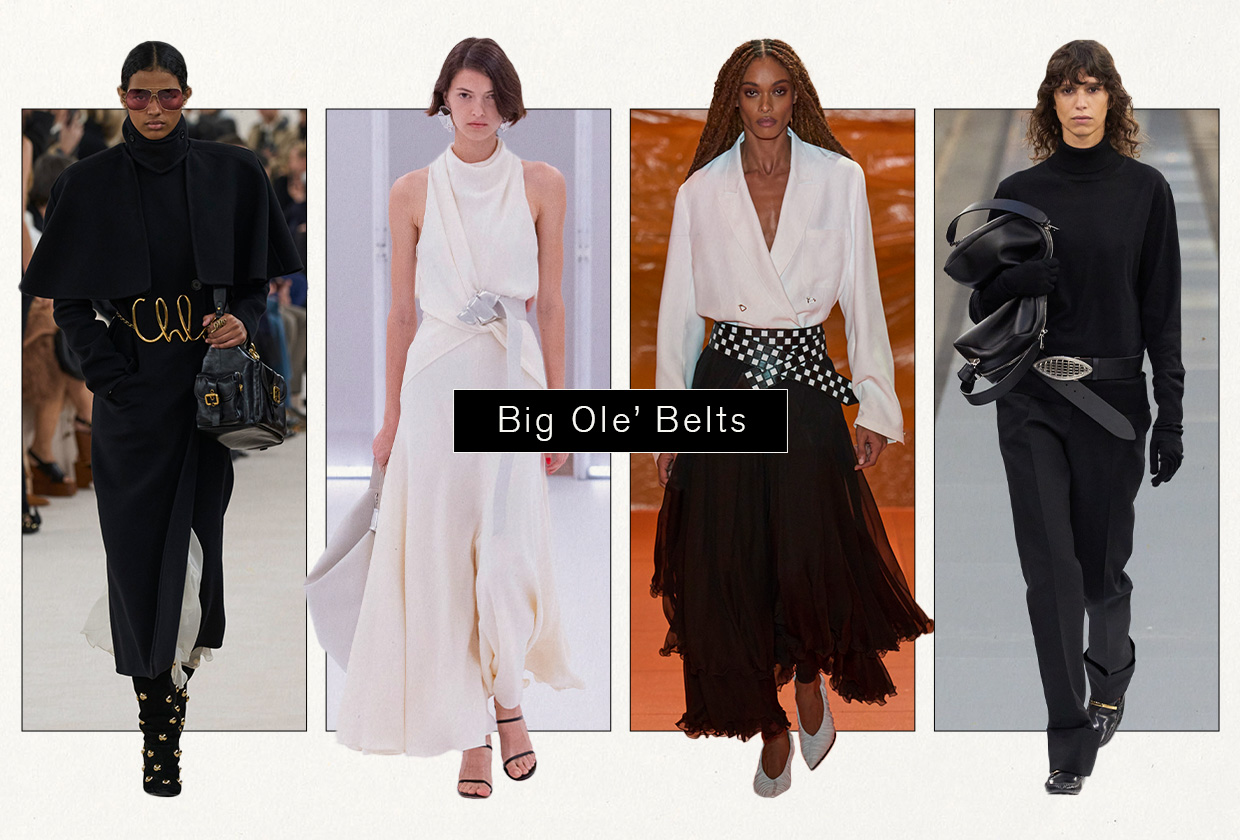 a collage of models wearing belts on the spring and fall 2024 runways
