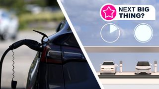 An electric car being charged next to an illustration of two EVs being charged at a gas station