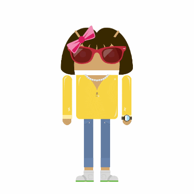 Leaping character with large glasses and a pink bow in hair.