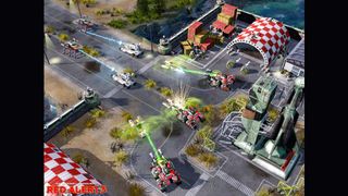 Vehicles shooting green lasers on a map in Command & Conquer Red Alert 3.