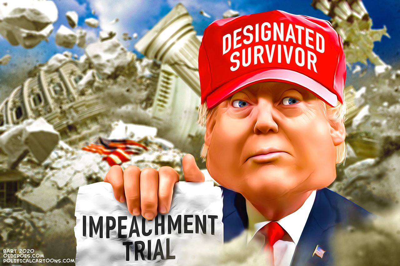 Political Cartoon U.S. Trump designated survivor impeachment trial