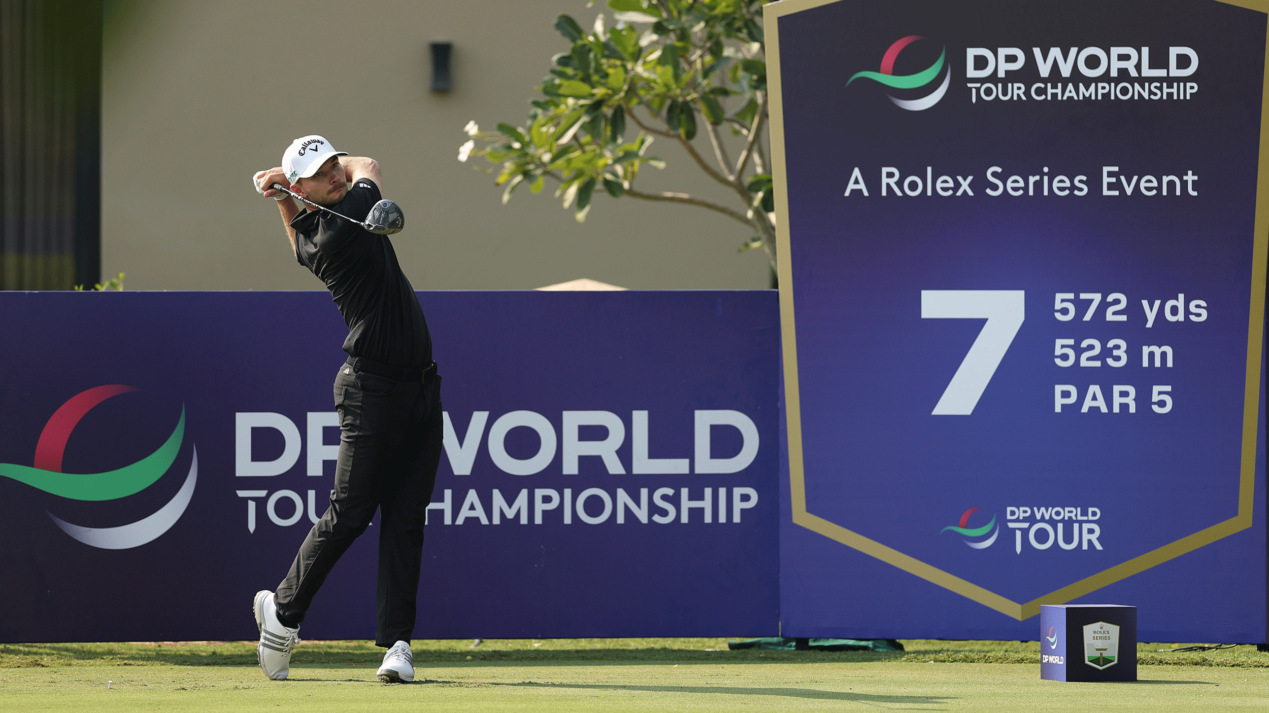 Nicolai Hojgaard hits a drive off the 7th tee during a practice round ahead of the 2025 DP World Tour Championship