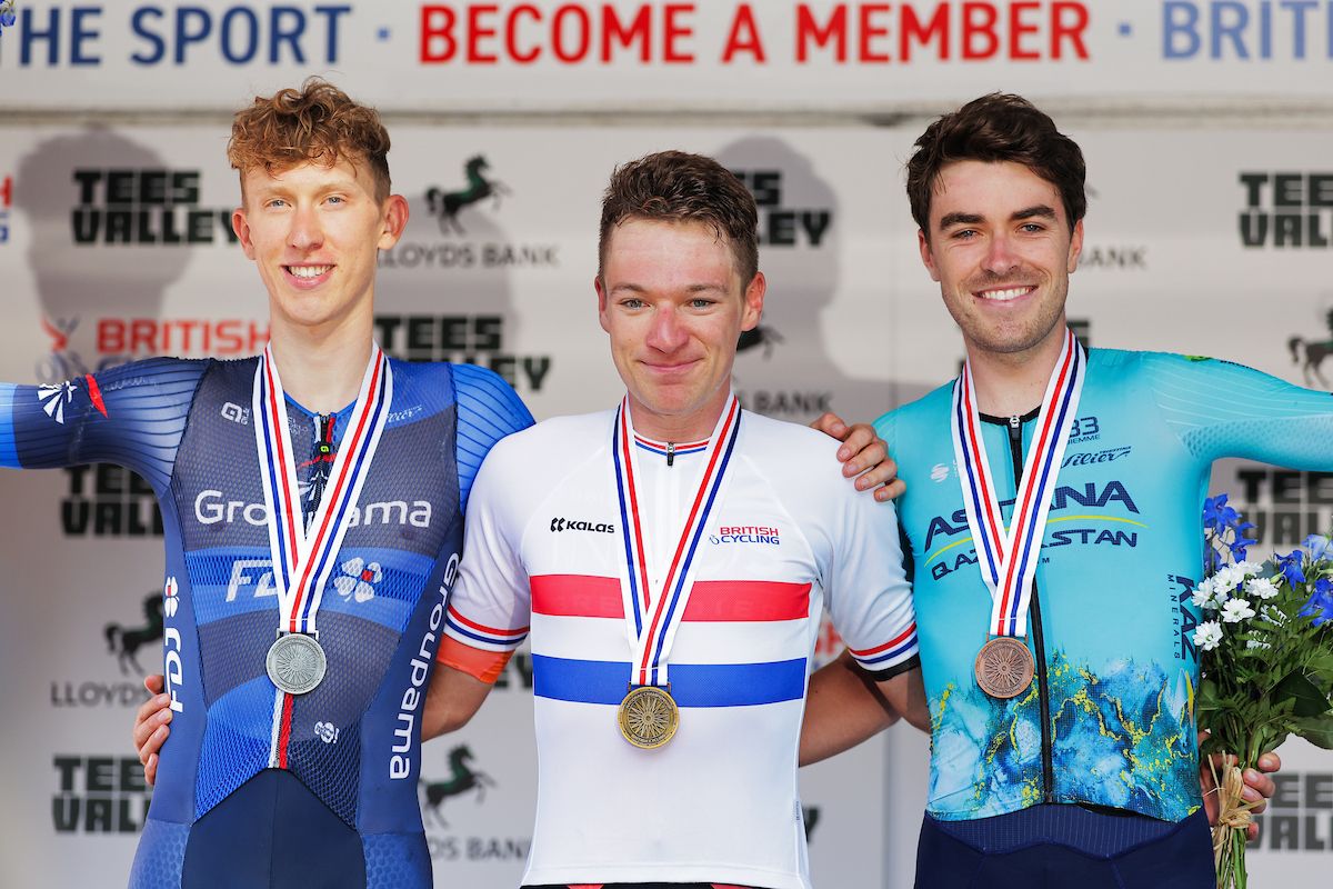 Picture by Alex Whitehead/SWpix.com -23/06/2024 - British Cycling - 2024 Lloyds Bank National Road Championships - Men&acirc;s Road Race - Saltburn-by-the-Sea, North Yorkshire, England - Men's Road Race Podium - Gold for Ethan Hayter of Ineos Grenadiers, Silver for Lewis Askey of GROUPAMA - FDJ and Bronze for Max Walker of Astana Qazaqstan Development Team