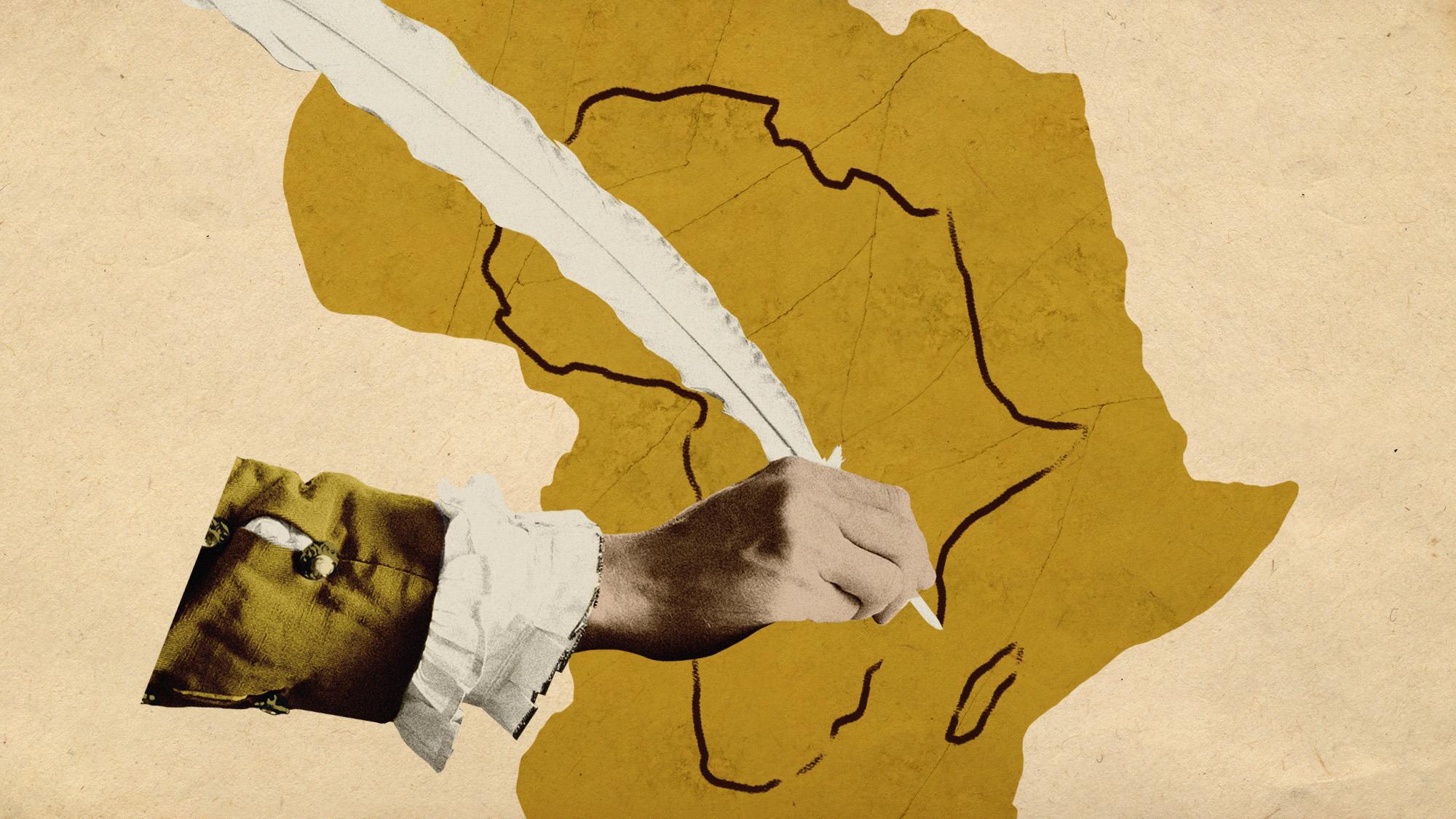Photo collage of a white man's arm clad in 16th century attire, drawing in a small shape of Africa in a quill pen on top of a larger outline of the continent.