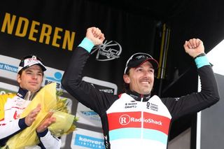 Fabian Cancellara celebrates his second Tour of Flanders victory.